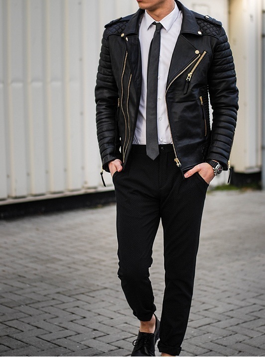 New Handmade Men's Fashion Trend Black Motorcycle Leather Jacket 2019