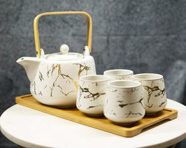 White Faux Marble With Gold Veins Ceramic Tea Pot And Cups With Tray Set For 4 - £32.07 GBP