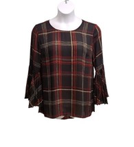 Susan Graver Top Womens Size 10 Black Plaid Pleated Bell Sleeve Semi Sheer - $13.86