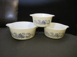 Vintage Set Of 3 Pyrex Homestead Nesting Baking Bowls 473 474 475 Tan And Blue - £43.06 GBP