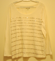 Apt 9 Womens White Top With Silver Sequins Lines Long Sleeve Size Large - £7.61 GBP