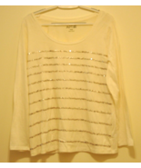 Apt 9 Womens White Top With Silver Sequins Lines Long Sleeve Size Large - £7.57 GBP