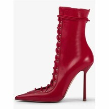 Red Leather Pointed Stiletto CrossLace MidCalf Boots - $165.97