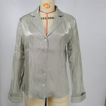 Solid Green V Neck Shirt Long Sleeve Shiny Satin Silk Tops Button Up Casual Blou - £112.45 GBP