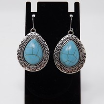 Silver &amp; Turquoise Colored Teardrop Wire Pierced Earrings - New - £7.01 GBP