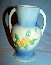 Weller Art Pottery Blue Double Handled Yellow Rose Vase - $22.56
