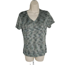 JM Collection Women&#39;s V- Neck Shirt Blouse ~ Sz M  ~ Green &amp; Gray~ Short Sleeve - £13.66 GBP
