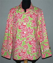 IZOD Stretch Hawaiian Print Floral Lime Green Pink Button Front Blouse W... - £19.97 GBP
