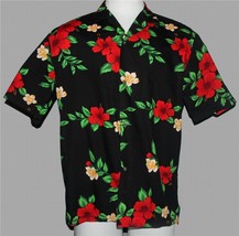 VTG Royal Creations Hawaiian Red Yellow Hibiscus Black S/S Shirt Mn&#39;s L ... - $32.99