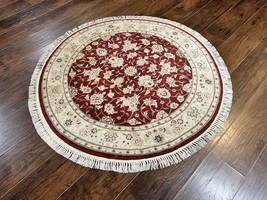 Round Oriental Rug 4x4 Wool Hand Knotted Maroon &amp; Ivory Vintage Carpet Floral - $1,379.00