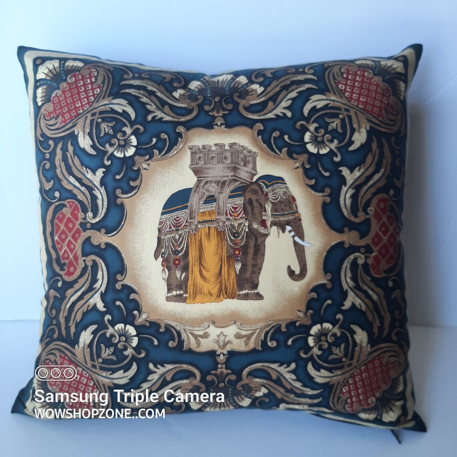 Rare Vintage Jim Thompson Blue Signed Silk Regal Jaipur Elephant Accent Pillow - $375.00