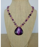 lovely purple glass beaded necklace with large luminescent center stone - $12.00