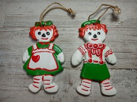 Vintage Handpainted Raggedy Ann &amp; Andy Ceramic Christmas Ornaments 4&quot; - £6.94 GBP
