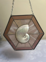 White Pearl Nautilus Shell Half in Hexagon Stained Glass Suncatcher Handmade 9” - £40.91 GBP