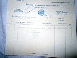 Vintage Baker Furniture Factories Inc Allegan MI Invoice 1928 - £2.33 GBP