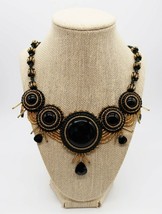 Vintage hand crafted black &amp; gold beaded festooned bib collar necklace - £19.74 GBP