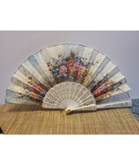 VINTAGE  HAND FAN Floral Design On Canvas Like Material Signed Made in S... - £20.02 GBP