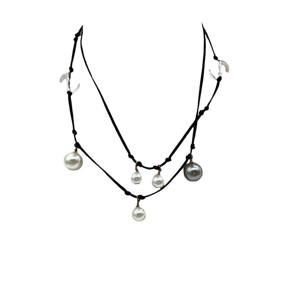 J Crew Black Corded Necklace w/ Rhinestone, Faux Pearl & Lucite Beads 36” - $11.98