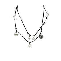 J Crew Black Corded Necklace w/ Rhinestone, Faux Pearl &amp; Lucite Beads 36” - £9.49 GBP