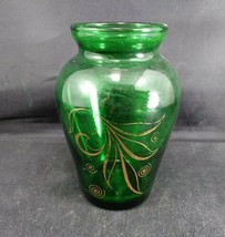 Czech Emerald Green Glass Bud Vase With Gold Trim 4&quot; - £9.34 GBP