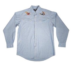 1995 Warner Brothers Shirt Blue Denim Adult Medium Yosemite Sam &amp; Bugs B... - £21.88 GBP