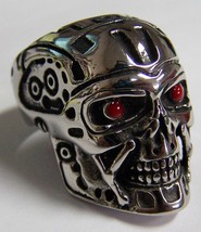 Robot Skull Head W Red Eyes Stainless Steel Ring size13 Silver Metal S-527 Biker - £5.97 GBP