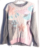 Spice of Life White, Gray &amp; Pink Sweater w/Floral Appliques &amp; Pearls Size S - £21.38 GBP