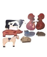 Vintage Handmade Primitive Wooden Set Of 8 Farm Animals Hand Painted Fol... - $26.00