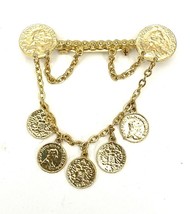 Vintage Dangling Coins Gold Tone Estate Brooch Bar Pin 1960s 3&quot; - £31.82 GBP