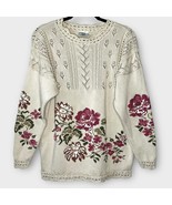 LAIRA ASHLEY Vintage cotton pointelle knit rose floral sweater size medium - £52.49 GBP