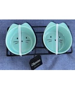 Set of 2 Turquoise 5” Ceramic Kitty Cat Face Feeding Water Dishes Bowls ... - £25.01 GBP