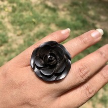 Ebony Wood Rose Flower Carved Handmade Ring, 30 mm dia, US 6.5 Ring Size, D3 - £14.60 GBP