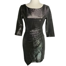 Jump Apparel Metallic Bodycon Mini Dress S Silver Black 3/4 Sleeves Zip Stretch - £25.99 GBP