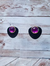 Vintage Clip On Earrings Statement Earrings Black with Magenta Gem 1.25&quot; - £11.87 GBP