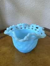 Vintage Fenton Glass Vase Bowl Powder Blue Satin Basket Weave Open Edge Lattice - £15.48 GBP