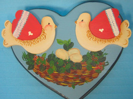 Wooden Wood Doves Birds Scene Handpainted Heart Wall Hanging Picture Blu... - $17.95