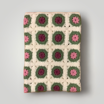 Vtg Handmade Crocheted Granny Square Flower Green Pink Ivory 68&quot;x44&quot; Couch Throw - £50.27 GBP