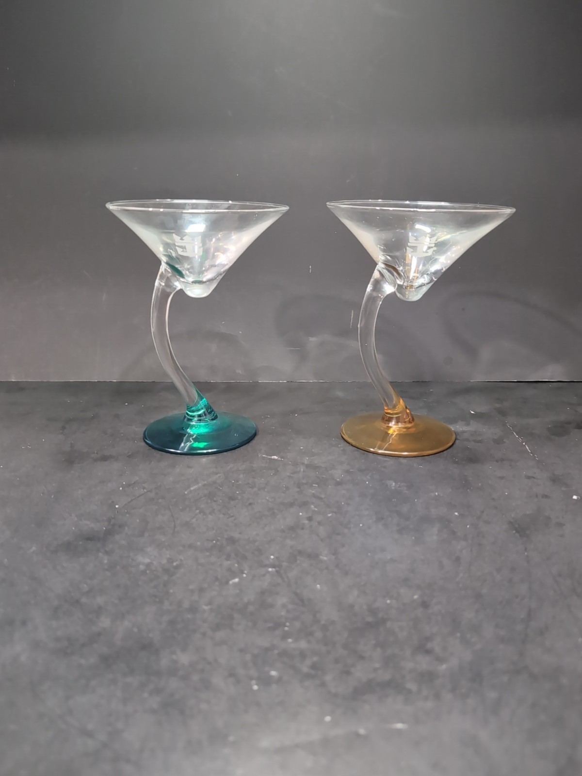 Royal Caribbean Martini Glasses Asymmetrical Pedestal Amber Green Stem L... - $17.82