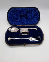 Beautiful Sterling Silver Christening Set in Original Case - Fork, Spoon and Nap - £92.25 GBP
