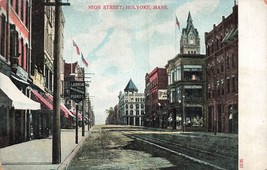 Holyoke Massachusetts Ma~High STREET-STOREFRONTS-SIGNS-FLAGS~1910s Postcard - £7.20 GBP