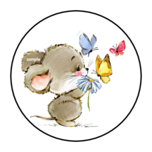 Mouse With Butterflies Envelope Seals Stickers Labels Tags 1.5&quot; Round (30) - £5.40 GBP