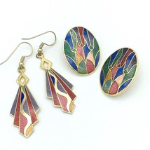 ART DECO STYLE vintage 1980s enamel earrings - multicolor stud and drop 2 pairs - £15.71 GBP