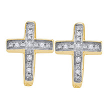 Yellow-tone Sterling Silver Womens Round Diamond Cross Huggie Hoop Earrings - $39.00