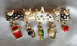 Enamel &amp; Faux Pearl 5 Cats &amp; Their Favorite Things Gold-tone Brooch 1980... - $14.95