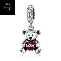 Genuine Sterling Silver 925 I Love You Heart Bear Charm For Bracelets Red Enamel - £18.82 GBP