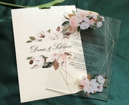 Acrylic Wedding Invitations,RoseFlowers Acrylic Invite,Cream Pocket Envelopes - £25.17 GBP+