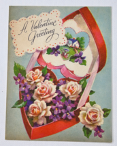 Vintage Valentines Day Card Heart Shaped Box With Flowers - £4.75 GBP