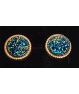 Blue Druzy Earrings Post Back Gold Framed Round NEW - $27.34 CAD