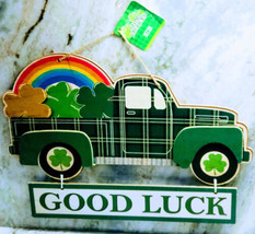 St Patrick&#39;s Day Green Truck Shamrocks Hanging Sign Irish Wall Decor NEW - $16.73