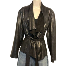 Cristina Jacket Vegan Leather Suede LARGE Black Flyaway Collar 80s Metal... - $29.50
